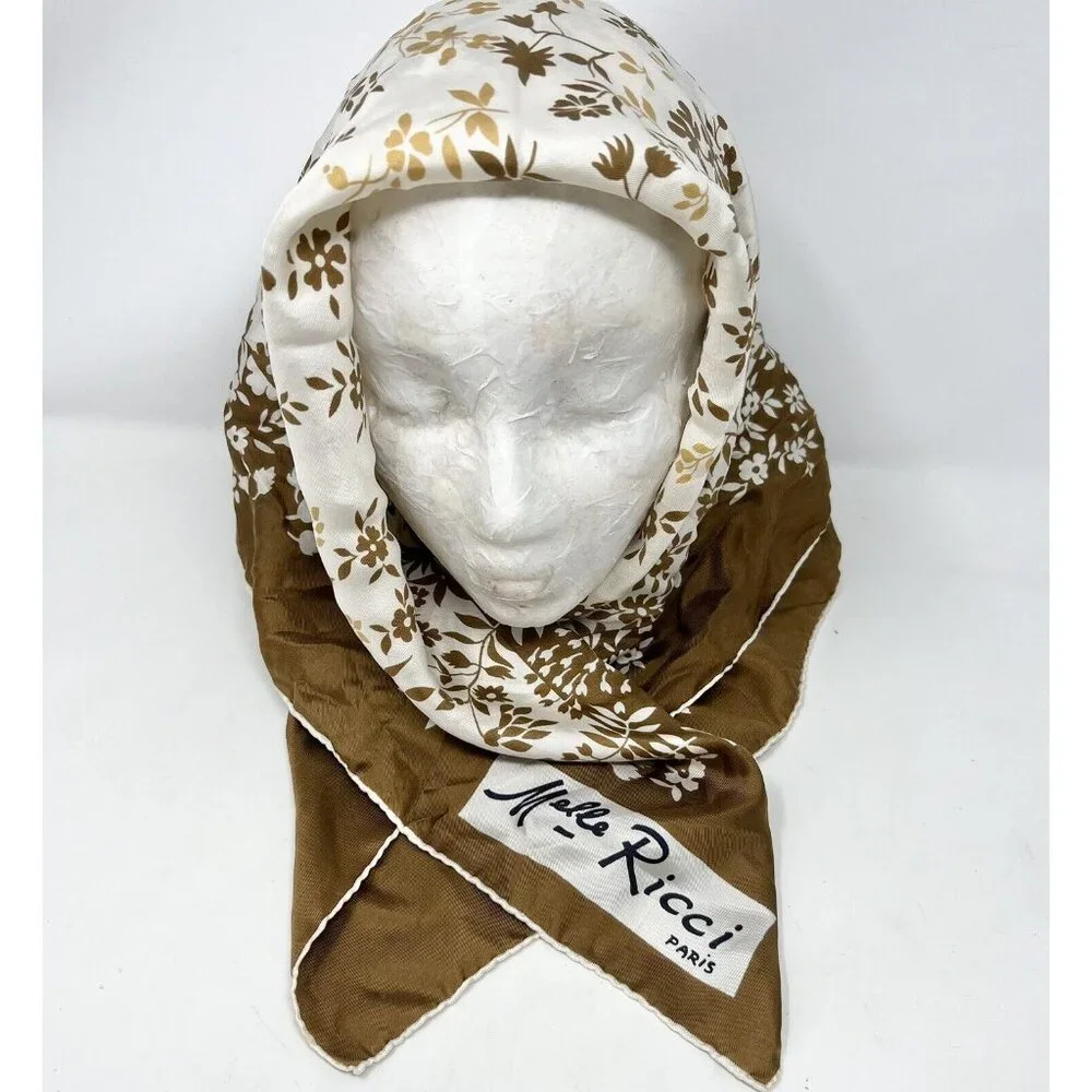 Melle Ricci Square Scarf 100% Silk Brown‎ Cream Gold Floral Bandanna 31